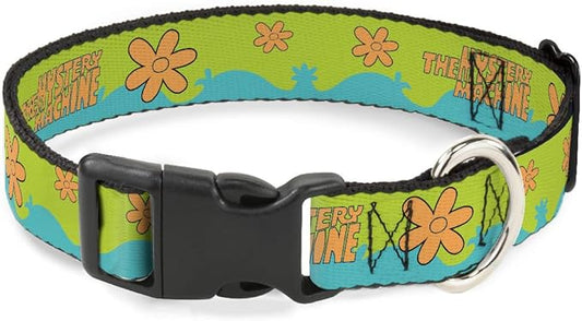Scooby Doo Pet Collar, Dog Collar Plastic Buckle, Scooby Doo The Mystery Machine Paint Job Green Aqua Orange, 13 to 17 Inches 1.5 Inch Wide