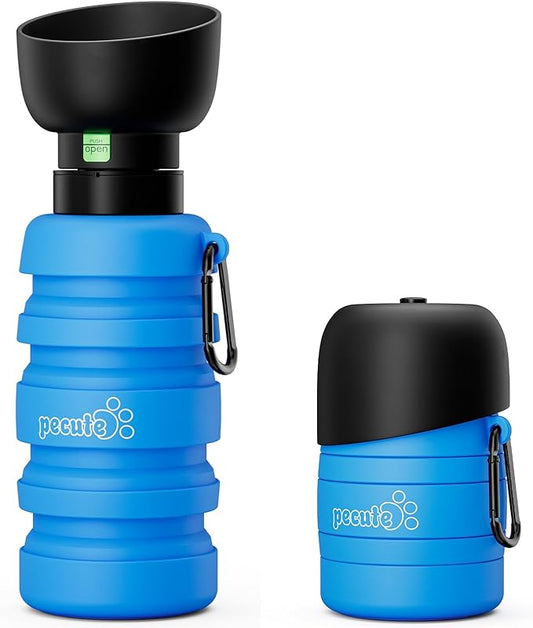 Pecute Dog Water Bottle Portable, 29oz Dog Foldable Water Bottle with Folding Bowl, Carabiner Clip, 5 Levels Capacity, 100% Food Grade Silicone, Dog Water Bottle for Outdoor Walking, Hiking, Travel