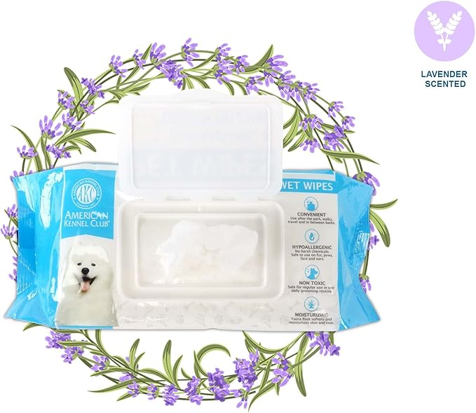 American Kennel Club AKC Dog Wipes for Cleansing & Deodorizing great for Face, Ears, Paws, Body, & Butt - Lavender Scented - 100pk