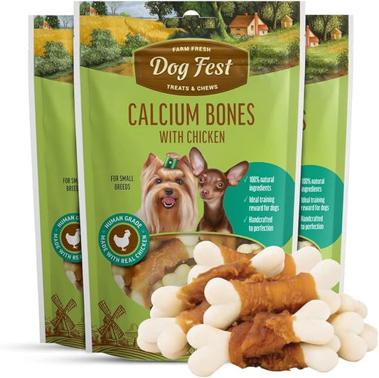 Calcium Bones with Chicken (Pack of 3) – Made with Natural Chicken Meat & Ingredients - High Protein Chicken Treats for Dogs – Chicken and Calcium Bones - No Artificial Flavors & Preservatives