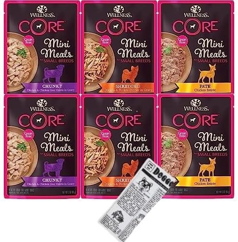 Wellness CORE Mini Meals Grain Free Small Breed Dog Wet Food 3oz Pate Chicken Entree, Chunky Chicken and Liver, Shredded Chicken Turkey Dinner in Gravy 3 Flavors 6 Pack Plus Newspaper Plush Dog Toy