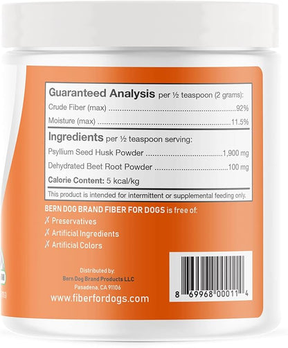 Fiber for Dogs Psyllium Seed Husk Powder & Dehydrated Beet Root Powder Aids a Number of Intestinal Disorders in Dogs Including Diarrhea, Constipation & Anal Gland Issues. Available in 6 and 12 oz.