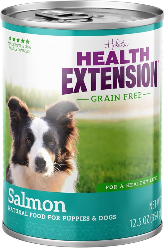 Health Extension Wet Dog Food, Gluten and Grain-Free, Healthy Natural Food Canned for Puppies, Salmon Recipe (12.5 Oz / 362 g) (Pack of 12)