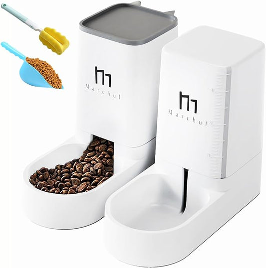 Marchul Cat Feeder and Water Dispenser Set, Automatic Cat Food Dispenser 4.63lb, Gravity Automatic Water Dispenser 1 Gallon, Cat and Dog Feeders with Pet Food Scoop Sponge Bottle Brush