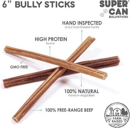 Supercan Bully Sticks for Dogs 6" (40 Count) -100% Natural Farm Raised Beef Dog Chews. Free Range Grass Fed Non-GMO Treats for Dogs