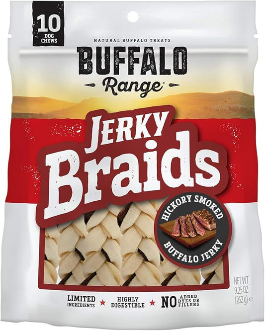 Rawhide Dog Treats | Healthy, Grass-Fed Buffalo Jerky Raw Hide Chews | Hickory Smoked Flavor | Jerky Braids, 10 Count