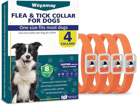 4 Pack Flea Collar for Dogs, Natural Flea and Tick Collar for Dogs, 8 Months Flea and Tick Prevention for Dogs, Tick Collar for Dogs, Water Resistant Dog Flea Collar, One Size Fits All, Orange