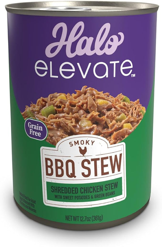 Halo Elevate Wet Dog Food, Grain Free, Smoky BBQ Shredded Chicken Stew with Sweet Potatoes & Green Beans, 12.7oz (Pack of 6)