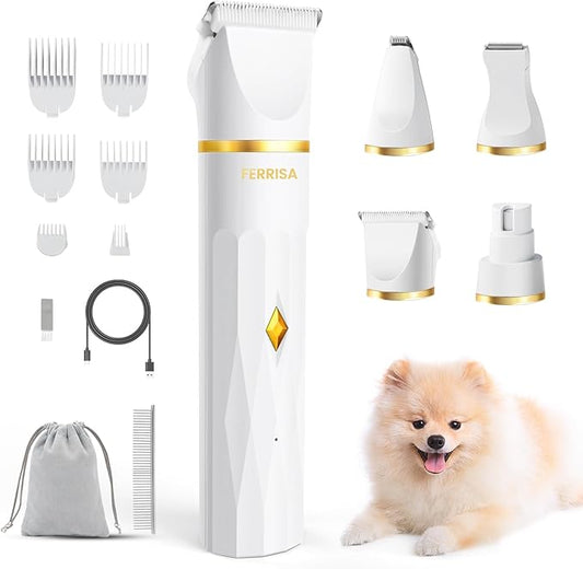 FERRISA Quiet Dog Grooming Kit, Cordless 4 in 1 Dog Clippers for Grooming Professional, Thick Coats Grooming Clippers Set for Dogs at Home, Small Dog Paw Hair Trimmer Nail Grinder Shaver for Cats Pets