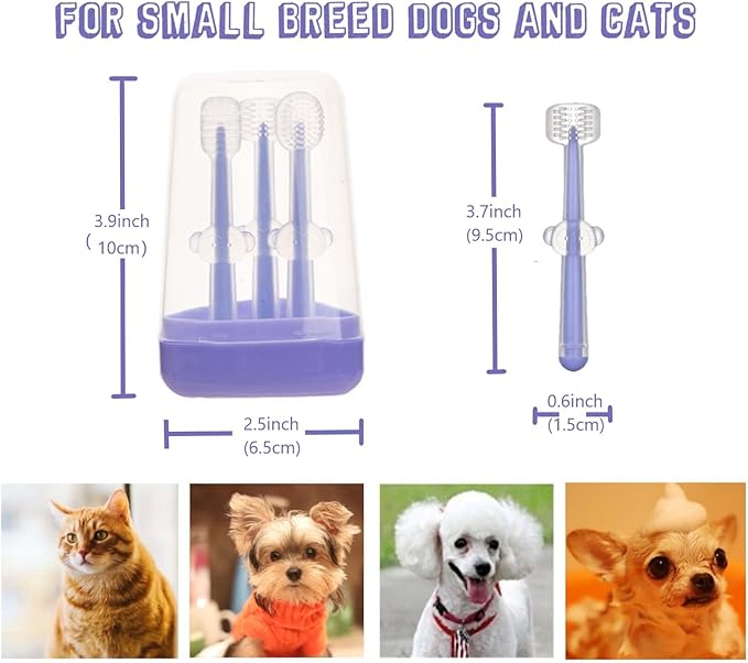 3 Pack Multi Angle Dog Toothbrush with Case for Small Dog & Cat, Soft Silicone Dog Tooth Brushing Kit for Puppies & XSmall Breed, Durable Dog Dental Care to Remove Plaque for Teeth Cleaning. (Purple)