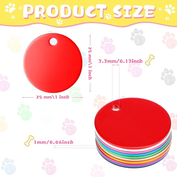 100 Pcs Blank Dog Pet Tags 25 mm for Engraving Aluminum Round Discs Smooth Metal Tag Colorful Double Stamping Tag Pendants with Hole for DIY Craft PET Tag Charm Supplies