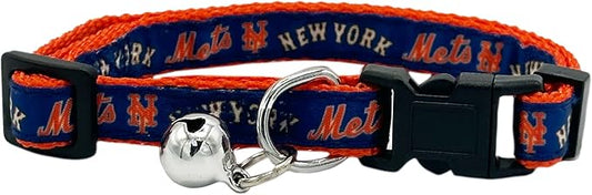 MLB CAT Collar New York Mets Satin Cat Collar Baseball Team Collar for Dogs & Cats. A Shiny & Colorful Cat Collar with Ringing Bell Pendant