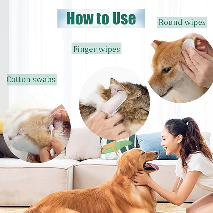 Pet Ear Wipes Kit Cat and Dog Ear Cleaner Wipes Multipurpose Grooming 50Pcs Finger Wipes+150Pcs Cleansing Pads+56Pcs Gourd Shaped Cotton Swabs Odor Control Reduce Dirt and Itch Relief