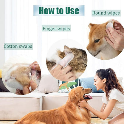 Pet Ear Wipes Kit Cat and Dog Ear Cleaner Wipes Multipurpose Grooming 50Pcs Finger Wipes+150Pcs Cleansing Pads+56Pcs Gourd Shaped Cotton Swabs Odor Control Reduce Dirt and Itch Relief