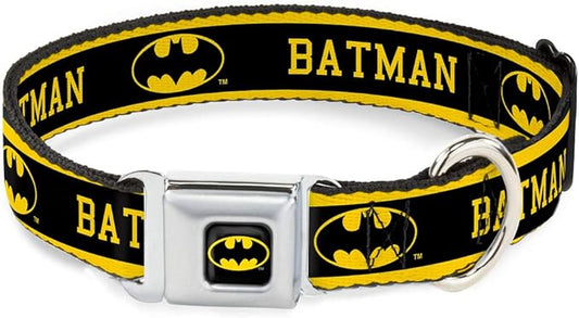 Buckle-Down Seatbelt Buckle Dog Collar - BATMAN/Logo Stripe Yellow/Black - 1.5" Wide - Fits 13-18" Neck - Small