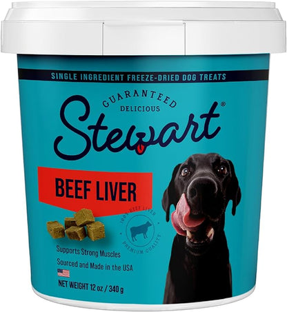 Stewart Freeze Dried Dog Treats, Beef Liver, 12 oz, Grain Free & Gluten Free, Resealable Tub, Single Ingredient, training treat in Beef Liver, Salmon, Chicken Liver & Chicken Breast 4, 14, 21 oz
