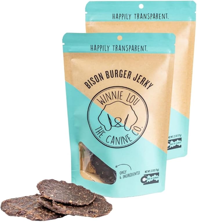 Winnie Lou Organic Dog Treats, Bison Burger Jerky Human Grade Dog Treats for All Sized Breeds, All Natural Dog Treats with No-Added Sugar, Glycerin & Preservatives, Made in USA, 2.5 Oz (71g), 2 Pack
