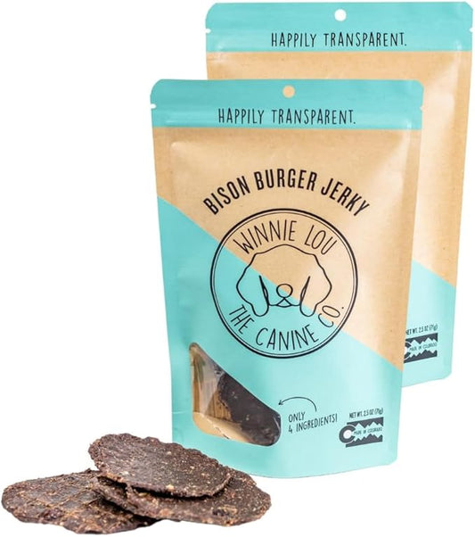 Winnie Lou Organic Dog Treats, Bison Burger Jerky Human Grade Dog Treats for All Sized Breeds, All Natural Dog Treats with No-Added Sugar, Glycerin & Preservatives, Made in USA, 2.5 Oz (71g), 2 Pack