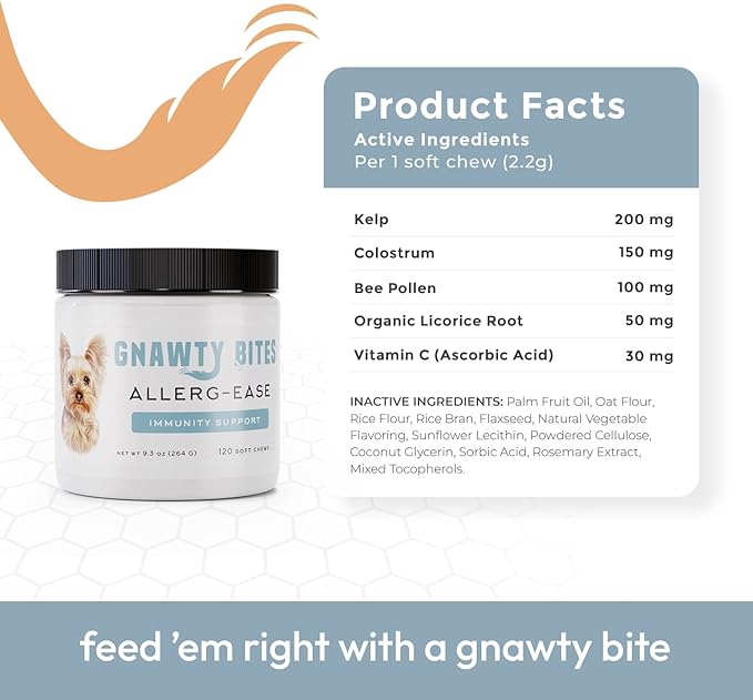 Gnawty Bites Allerg-Ease - Immunity Support Probiotics for Dogs with Kelp, Colostrum, & Bee Pollen - Dog Allergy Relief for Small to Large Breeds - 120 Soft Dog Allergy Chews (264 G)