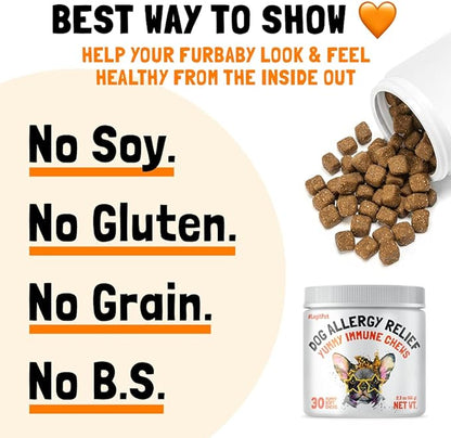 Allergy Relief Chews for Dogs & Immune & Digestive Supplement with Wild Salmon Oil Kelp Colostrum Turmeric Probiotics & Bee Pollen for Seasonal Allergies Anti Itch, Skin Hot Spots Soft Treats