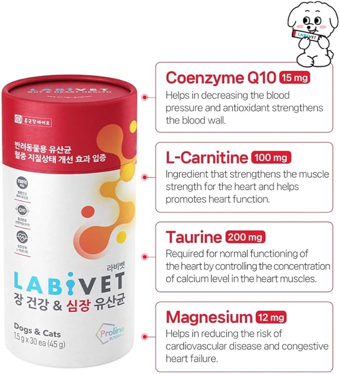 Probiotics for Dogs and Cats, Gut Health & Heart Supplements Powder Probiotic Dog Supplement, 30 Count (Pack of 1)