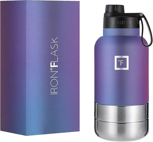 IRON °FLASK Portable Dog Water Bottle & Bowl - All-in-One Travel Accessories Pet Food & Liquids for Car, Hiking, Camping - Leak-Proof, Double Walled, Insulated - 32 oz, 2 Dog Bowls - Aurora