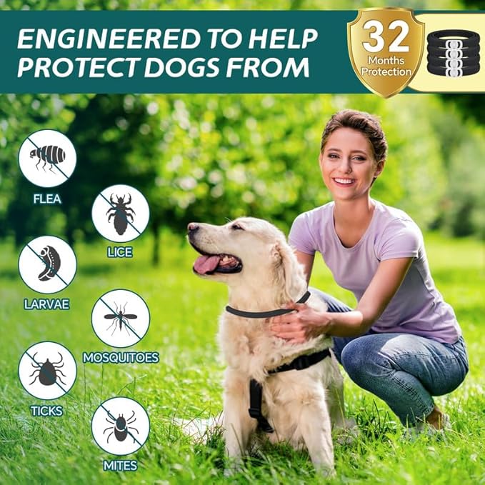 Flea Collar for Dogs, 4 Pack Flea and Tick Collar for Dogs, 8-Month Dog Flea and Tick Treatment and Prevention, Waterproof Dog Flea Collar, Adjustable Dog Flea and Tick Collar, Black