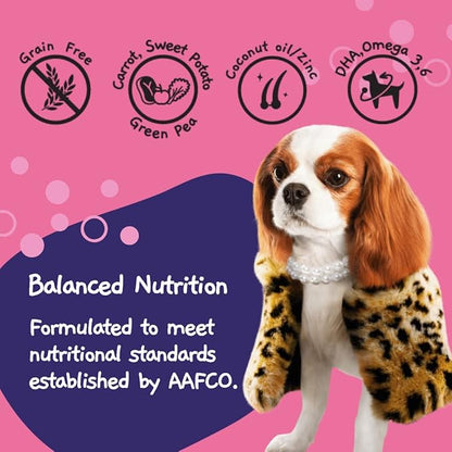 MOOCHIE Grain Free Wet Dog Food for Small Dogs - Skin and Coat - Made with Salmon, Chicken, Beef and Vegetables - No Added Preservatives or Artifical Flavoring - 12 x 3 oz Pouch
