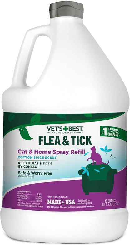 Vet’s Best Flea & Tick Home Spray Refill for Cats – Cotton Spice Scent Cat Flea & Tick Aid – Made in The USA – Flea & Tick Gentle Mist for Cats – 96oz