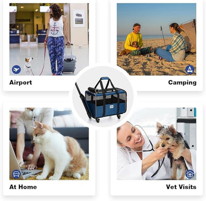 Lekesky Dog Cat Carrier with Wheels, Airline Approved Pet Carrier for Cats Dogs15lbs with Telescopic Handle, Blue