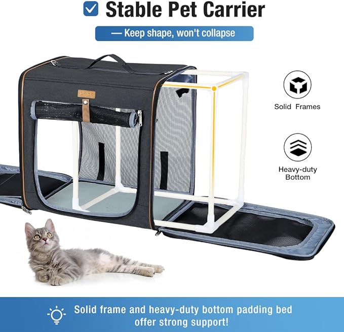 Lekereise 2-in-1 Cat,Dog Carrier for Small Medium Large Pets up to 45 Lbs, (20.85"*2)*19.7"*19.7" Car Travel Carrier with Litter Box, Bowl, and Locking Zipper - Black
