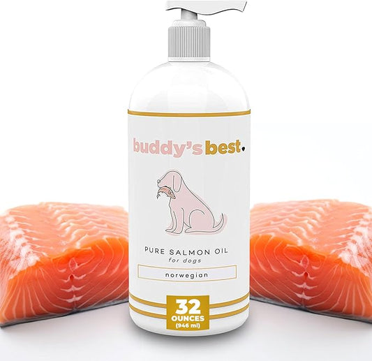 Buddy's Best, Salmon Oil for Dogs - 100% Pure Norwegian Virtually Odorless Fish Oil - Omega-3 Supplements for Dogs & Cats - Promotes Healthy Skin and Coat - Dog Food Oil in Pump Bottle (32 oz)