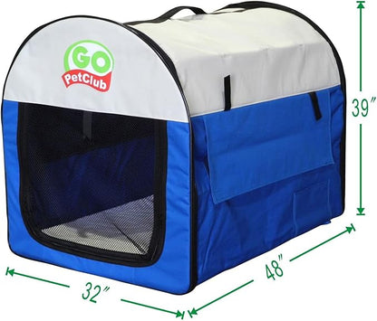 Go Pet Club 48" Rounded Top Soft Collapsible Dog Crate, Portable Pet Carrier, Thick Padded Pet Travel Crate for Indoor & Outdoor, Soft Sided Pet Foldable Kennel Cage with Durable Mesh Windows, Blue