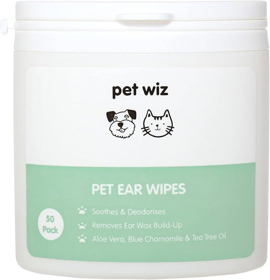 pet wiz Ear Wipes for Dogs & Cats. Clean, Soothe & Deodorise with Natural Active Ingredients Aloe Vera, Witch Hazel, Tea Tree Oil and Blue Chamomile Extract.