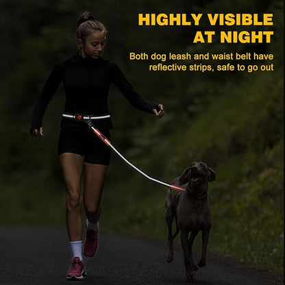 Pawaboo Hands-Free Dog Leash with Waist Belt, Elastic Dog Waist Leash with Wider Belt, Reflective Dog Running Belt Absorbing Shock, Durable Padded Handle Bungee Leash for Dogs (25-150 lbs, Black)