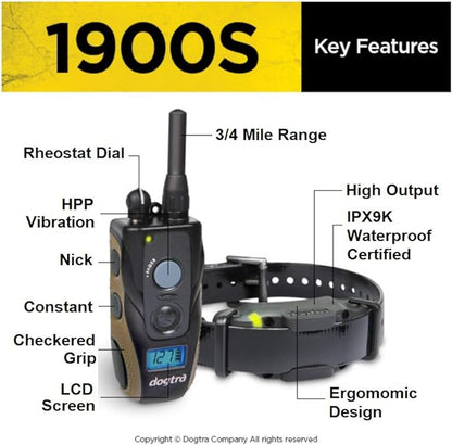 Dogtra 1900S Remote Dog Training Collar - 3/4 Mile Range, Waterproof, Rechargeable, Vibration - includes Essential Pet Products Dog Training Clicker and Collapsible Food and Water Bowl