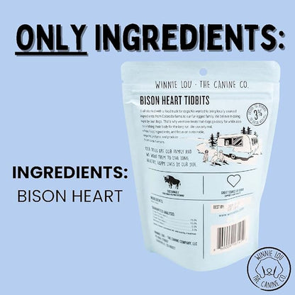Winnie Lou Organic Dog Treats, Bison Heart Tidbits Jerky Human Grade Dog Treats for All Sized Breeds, All Natural Dog Treats with No-Added Sugar, Glycerin & Preservatives, Made in USA, 2.5 Oz (71g)