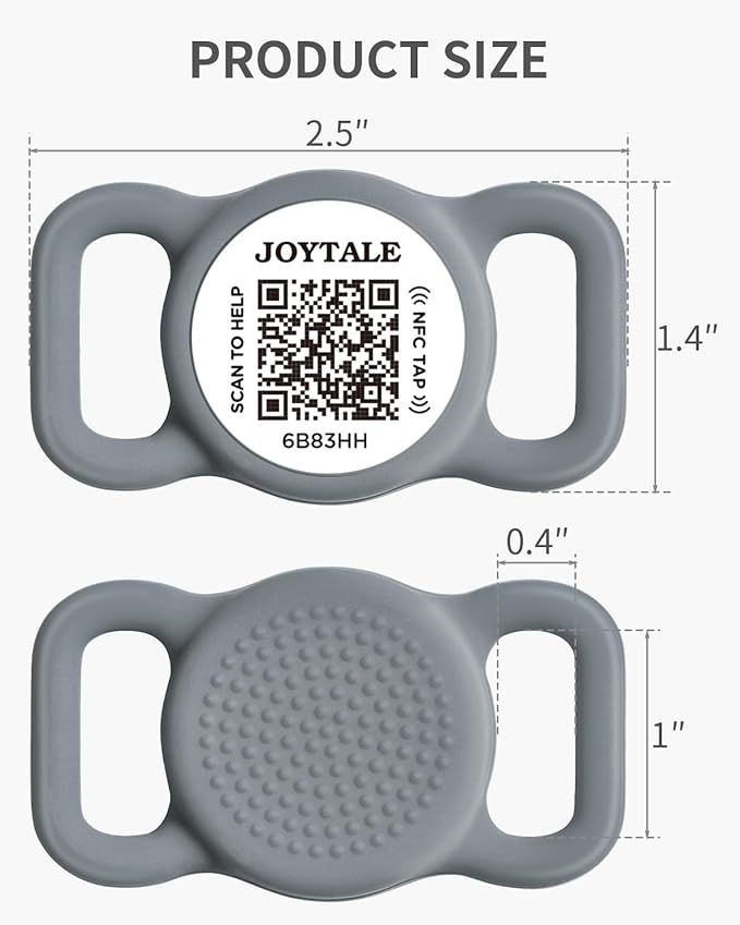 Joytale [ NO APP Required ] Silent Silicone QR Code Dog Tag, Slide On Dog Tags for 1 Inch Wide Collars or Vest, NFC Pet Online Profile, Scan QR to Send Location Alert Email, Gray, M