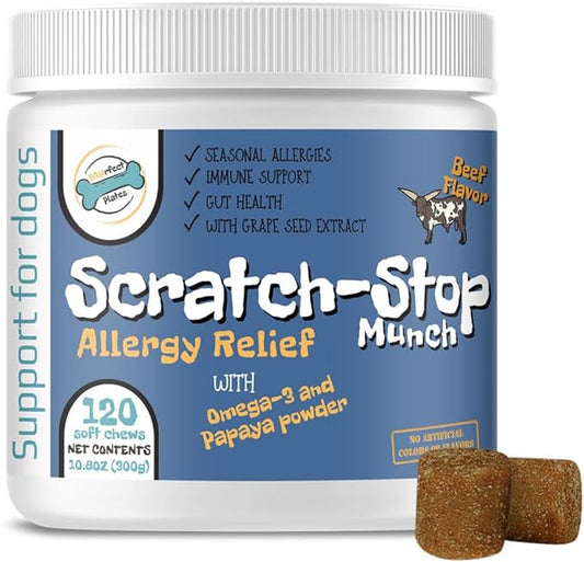 Plates Scratch-Stop Calming Chews for Dogs with Allergies and Itchy Skin, Essential Dog Allergy Relief and Vitamins Supplement for Immune Support, Omega-3, and Gut Health, Seasonal Allergies