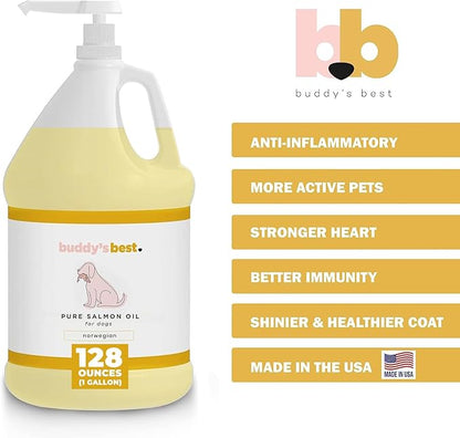 Buddy's Best, Salmon Oil for Dogs - 100% Pure Norwegian Virtually Odorless Fish Oil - Omega-3 Supplements for Dogs & Cats - Promotes Healthy Skin and Coat - Dog Food Oil in Pump Bottle (1 Gallon)