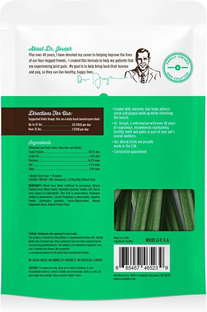 Dr. Joseph's Vetpro Complete Advanced Dental Sticks with Prebiotics, 15 Sticks, Cleans Teeth, Freshens Bad Breath, and Supports Gut Health, Target Tartar and Plaque Build Up, Veterinarian Formulated