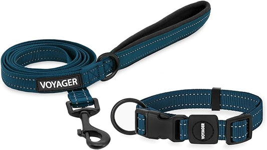Voyager Reflective Dog Leash Collar Set with Neoprene Handle Supports Small, Medium, and Large Breed Puppies, Cute and Heavy Duty for Walking, Running, and Training - Blue, L