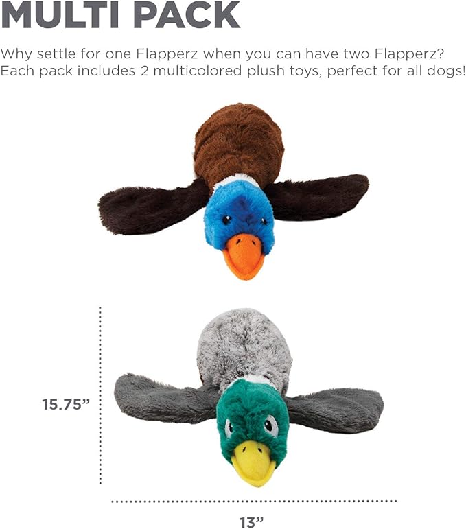 Outward Hound Flapperz Plush Crinkle Duck Dog Toy, 2-Pack - Grunt, Crinkle & Flop, Small