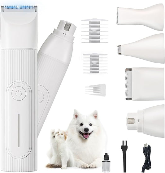 Dog Clippers Grooming Kit with Nail Grinder, 4-in-1 Low Noise Dog Clippers for Grooming, Cordless Dog Paw Trimmer, Washable Attachment Heads, Pet Hair Clippers for Small Dogs/Cats/Rabbit