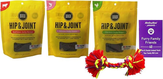 Bixbi Hip & Joint Jerky Dog Treats 3 Flavor Variety, (1) Each: Beef Liver, Salmon, Chicken (5 Ounces) Plus Rope Toy and Fun Facts Booklet Bundle
