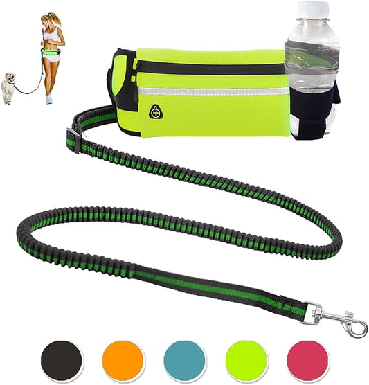 Hands Free Dog Leash, Green Dogs Leash Hands Free for Small Large Dogs with Waterproof Zipper Pouch Reflective Durable Adjustable Waist Belt with Handle Bungee for Dog Walking Jogging