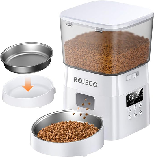 Automatic Cat Feeder,8Cups ROJECO Cat Food Dispenser with Timer,Portion Control Automatic Pet Feeder,Easy Set Up Indoor Use with Stainless Steel Bowl