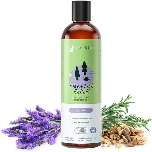 kin+kind Flea and Tick Shampoo for Dogs Vet Formulated - Plant Powered, Safe and Effective Dog Shampoo with Coconut and Olive Oil - Lavender Scent - Prevent Fleas and Ticks - Made in USA 12 fl oz