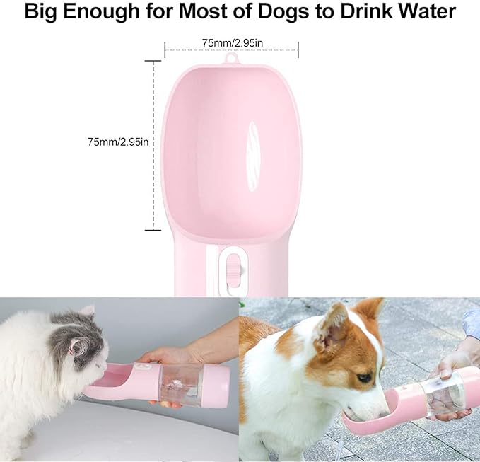 Outdoor Dog Water Bottle Dispenser - Leak Proof Water Bottle for dogs On The Go with Food Container Multifunctional Travel Dog Water Bottle（Pink）