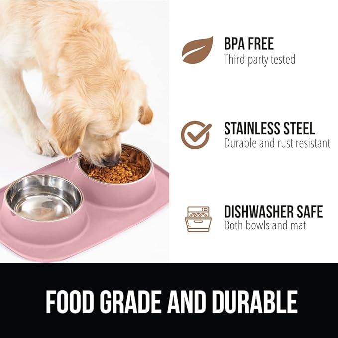 Gorilla Grip 100% Waterproof BPA Free Cat and Dog Bowls Silicone Feeding Mat Set, Stainless Steel Bowl Slip Resistant Raised Edges, Catch Water, Food Mess, No Spills, Pet Accessories, 2 Cup, Pink